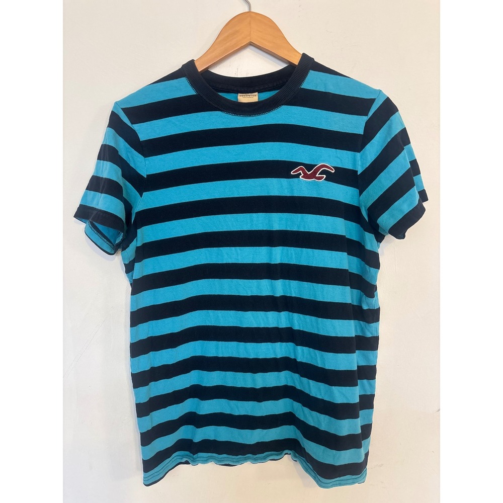 Hollister Mens Striped Crew Neck T-Shirt Turquoise Navy Blue Logo Size M